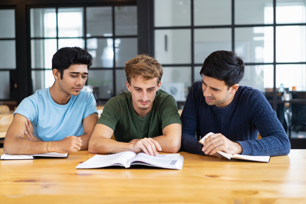 Students in a study group discussing academic topics