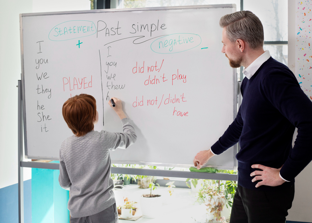 Students actively working on problem-solving exercises on a whiteboard