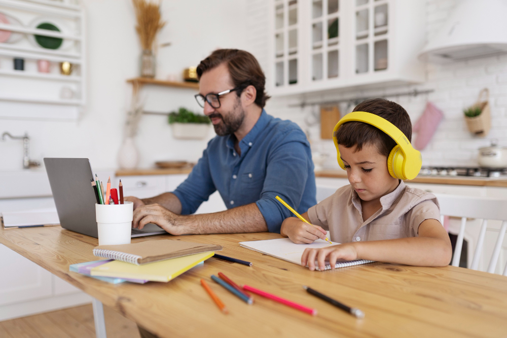 A parent and child working together on a homeschooling activity