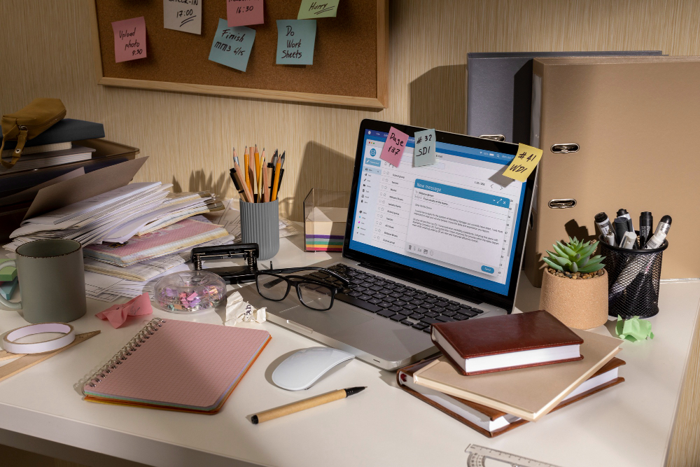 Neatly organized study desk with books and laptop